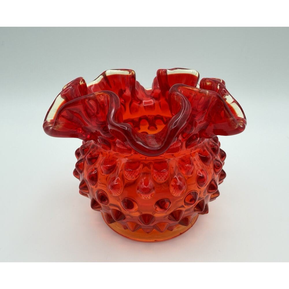 Fenton Hobnail Orange Red Amberina Art Glass Votive Candle Holder 3” Vintage